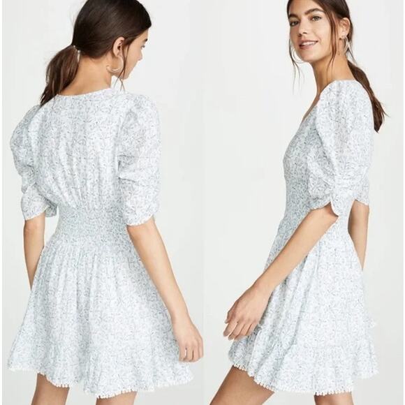 Cleobella Sadie Mini Dress Floral V-Neck Puff Sleeve Smocked Ruffle Cottagecore - Picture 3 of 16